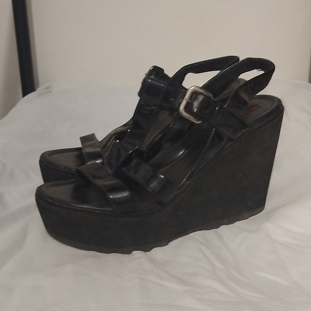 Prada Black Caged Patent Wedges. Sz 38.5